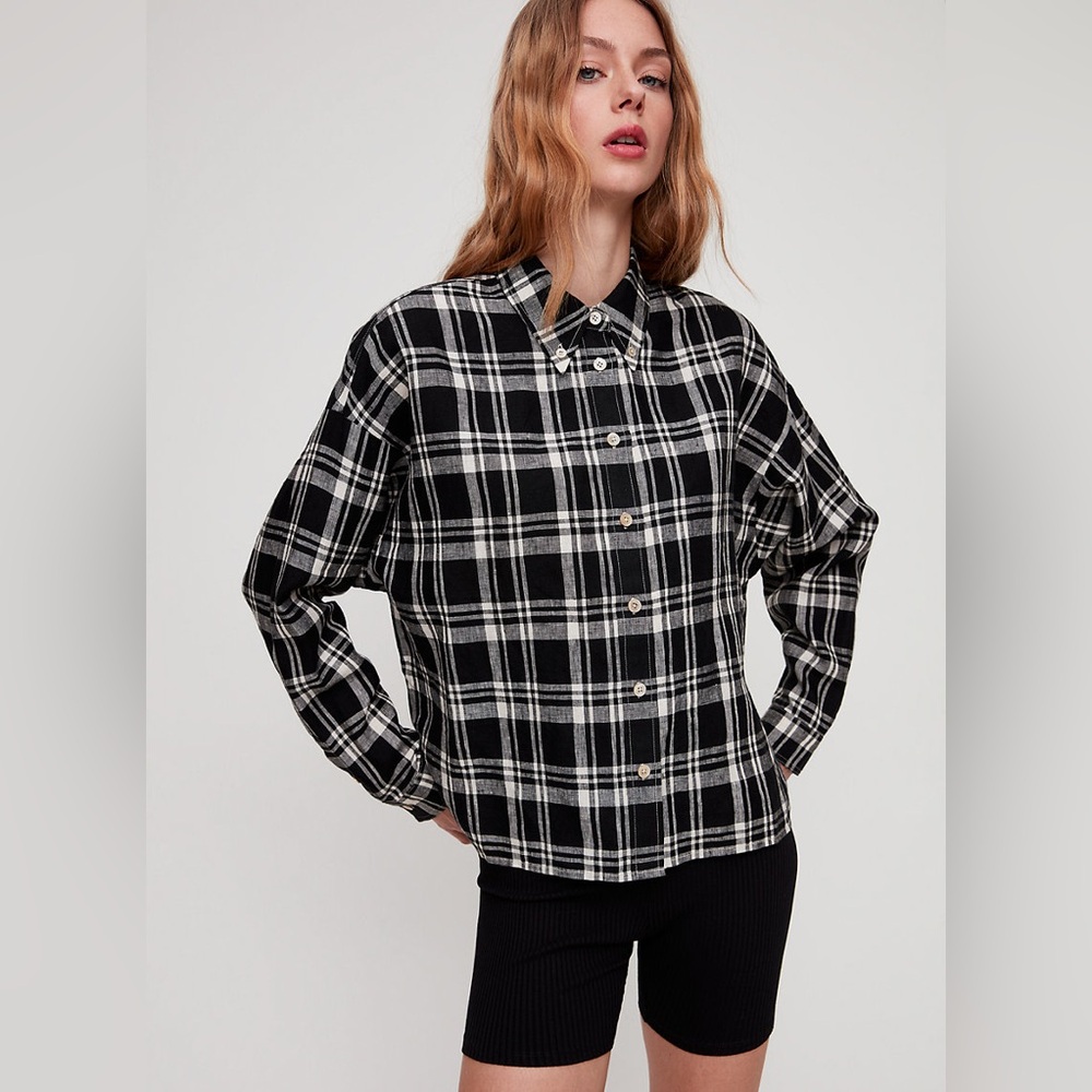 Aritzia Wilfred plaid Tanis linen button top sz xxs work once - Picture 7 of 12